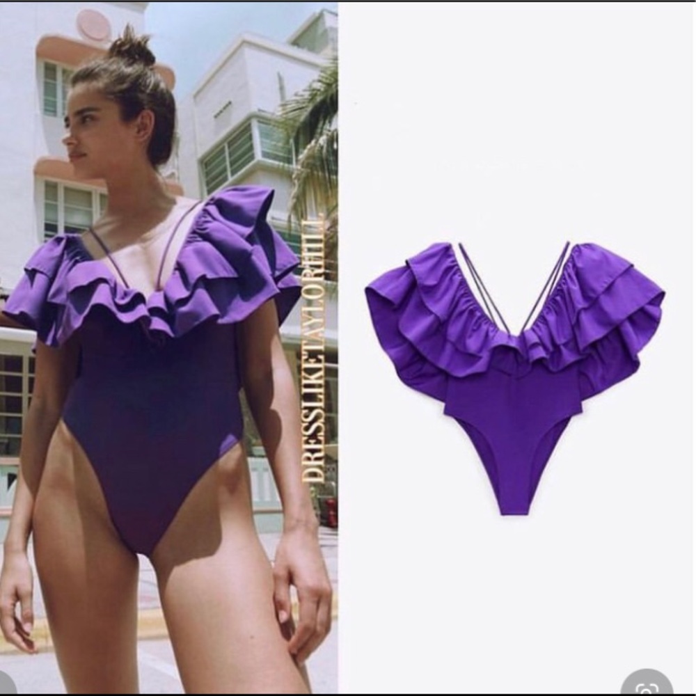 Zara Purple Ruffled One Piece Swimsuit
